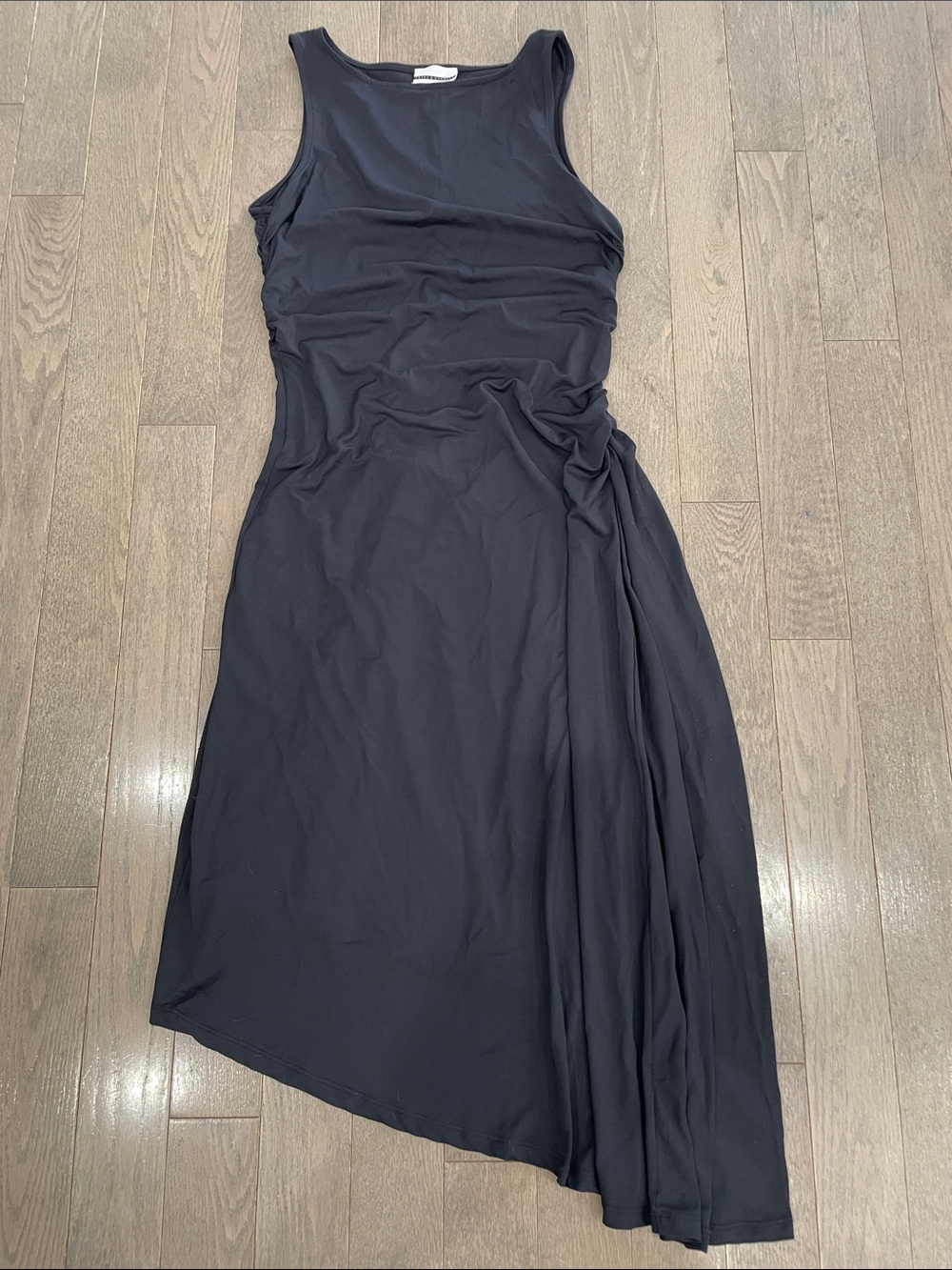 Jules and Leopold Black Sleeveless Asymmetrical Ruched Midi Dress Size Large